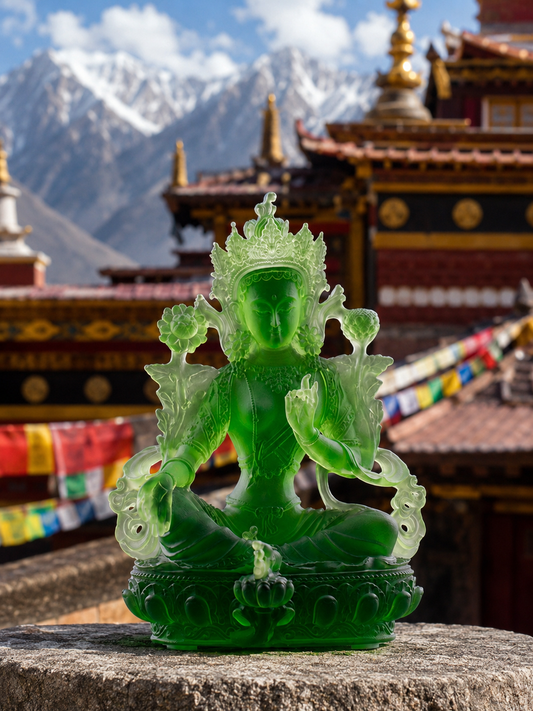 Green Tara liuli glass statue in a mountain temple setting