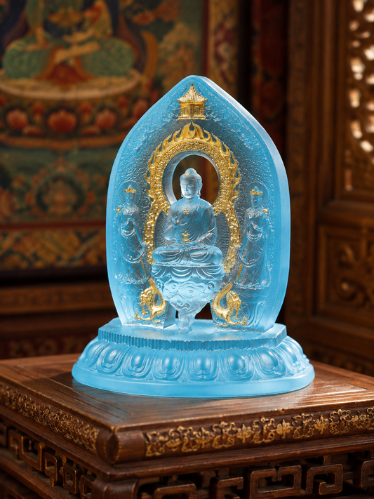 Gilded blue liuli glass Medicine Buddha triad statue