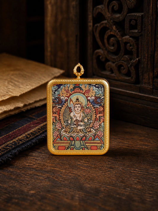 Akasagarbha Bodhisattva zodiac guardian thangka pendant in a gold-colored frame, standing on dark wood