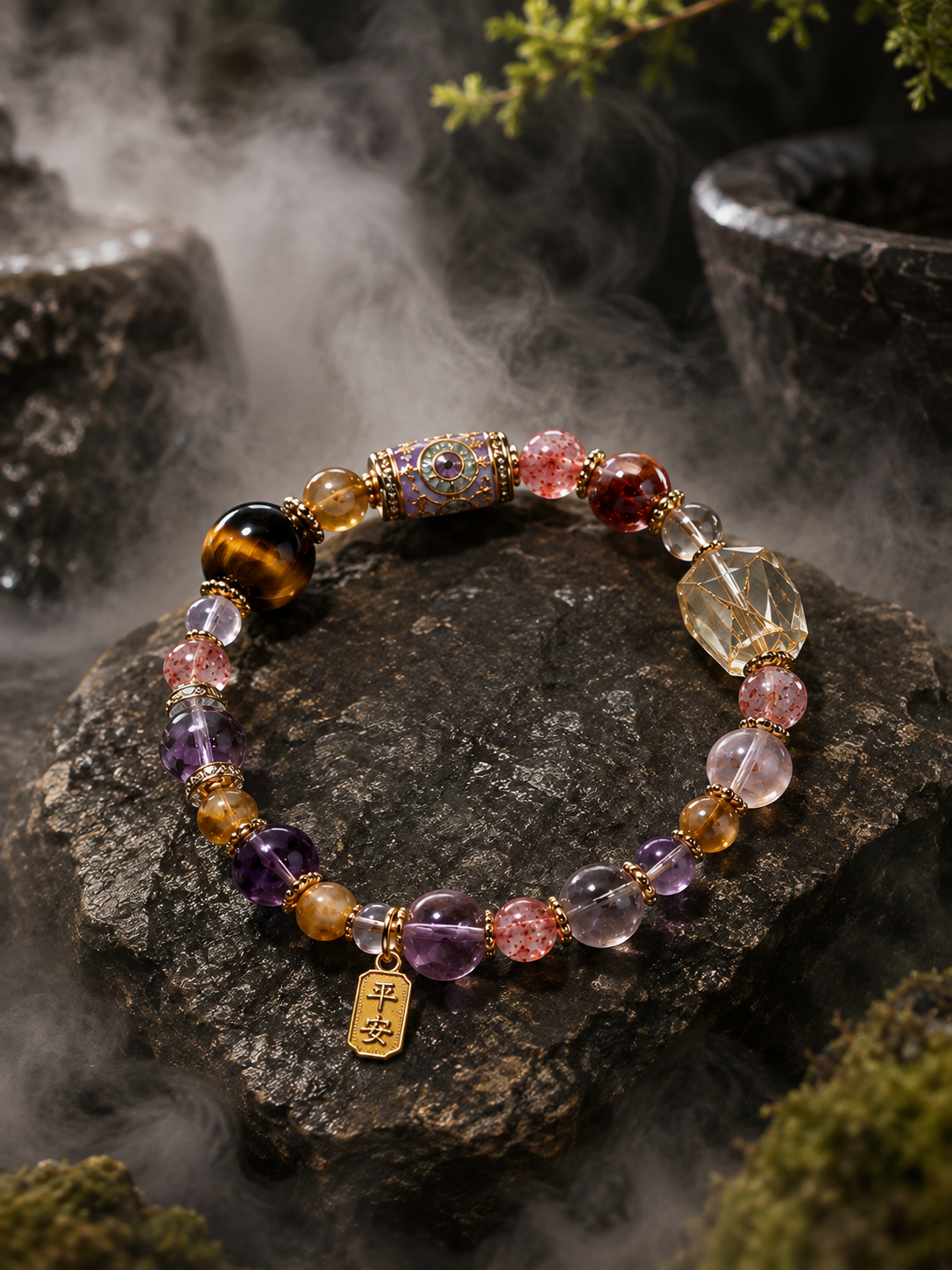 Multi-crystal bracelet arranged on dark rock, with colored beads and a small hanging charm