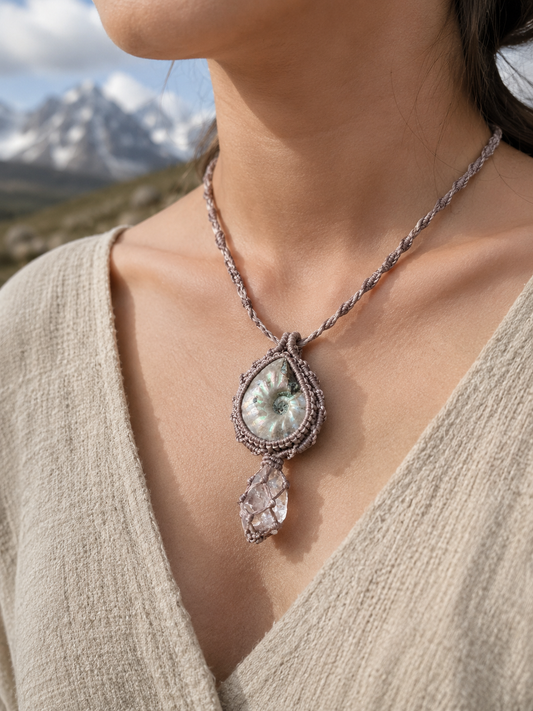 Chrysanthemum fossil pendant necklace worn at the chest