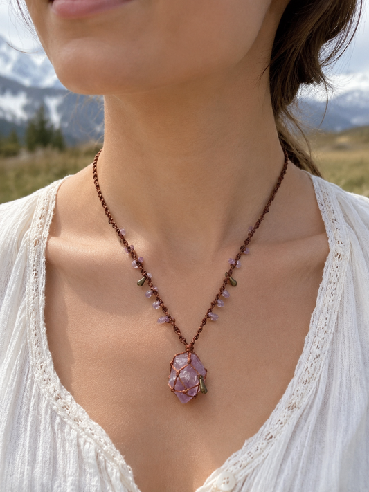 Amethyst woven pendant necklace worn at the chest