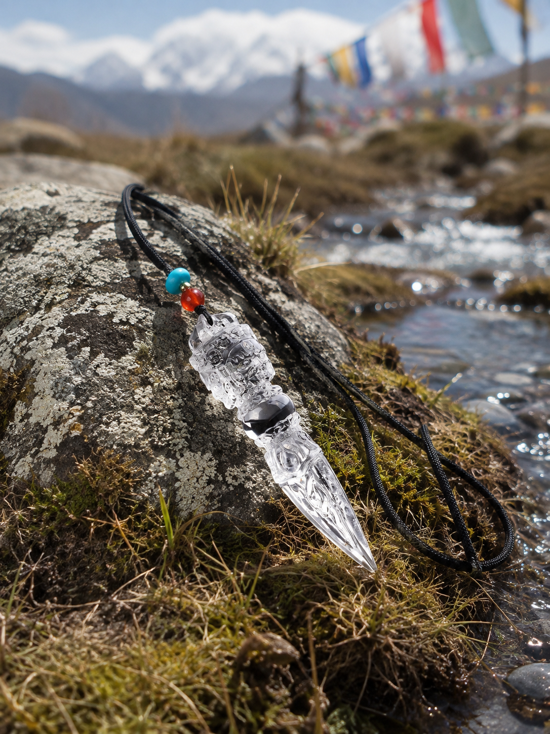 Clear quartz vajra necklace displayed in a mountain landscape