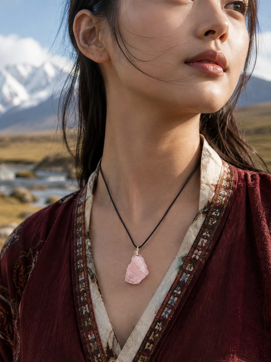 Raw rose quartz pendant necklace worn at the chest