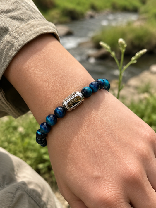 Blue Tiger’s Eye Six-Syllable Mantra Prayer Wheel Bracelet — wearing or alternate view