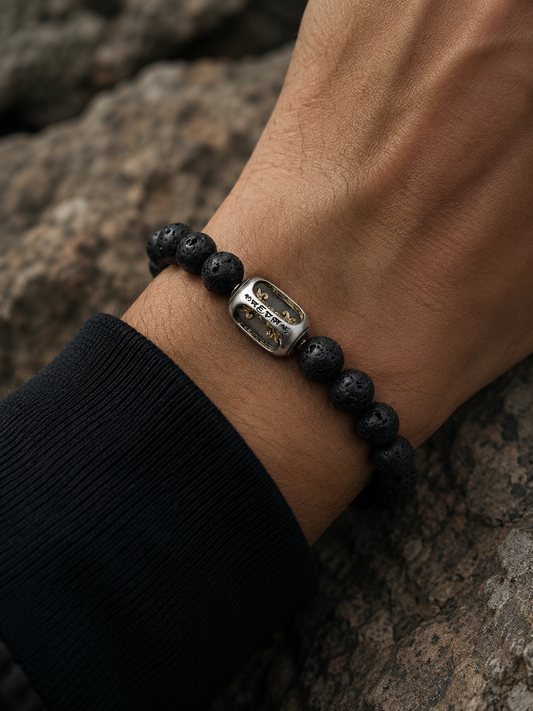 Volcanic Stone Six-Syllable Mantra Prayer Wheel Bracelet — wearing or alternate view