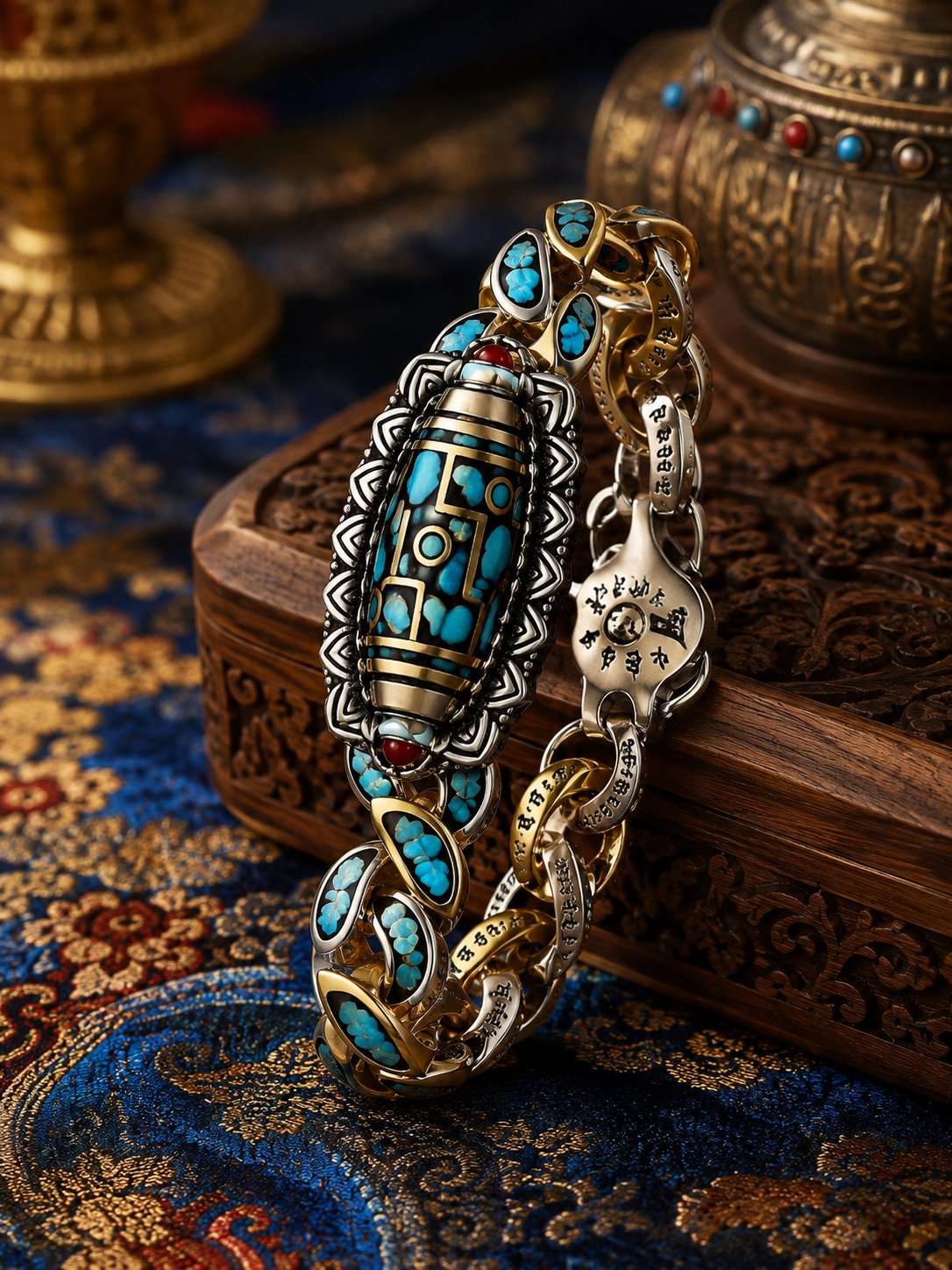 Tibetan Nine-Eye Dzi Guardian Bracelet — detail view