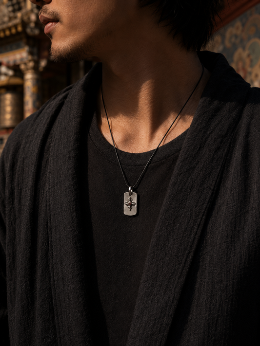 Tibetan Crossed Vajra Pendant — wearing view
