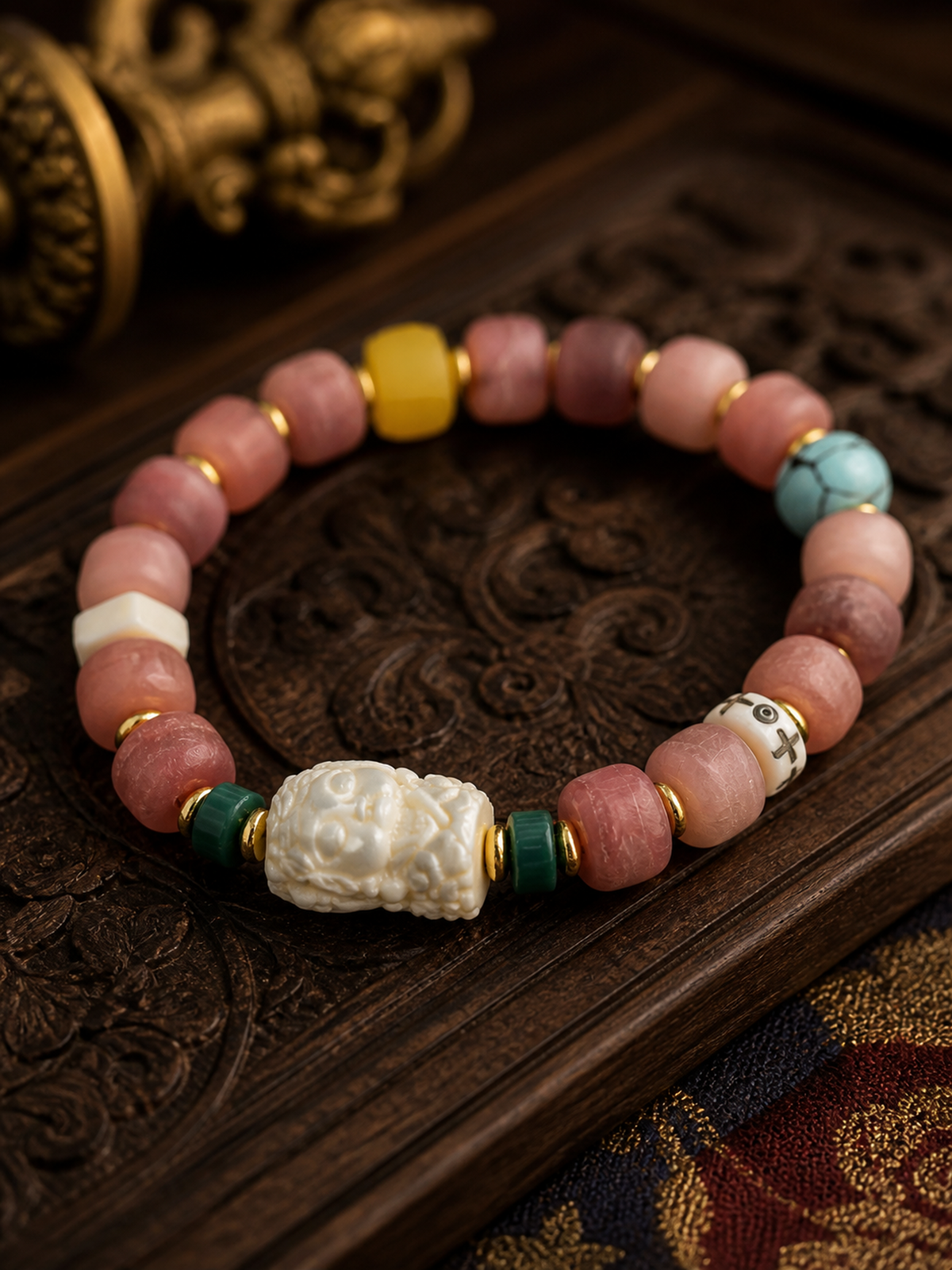Tibetan Rose-Toned Bone Mala Bracelet with Tara Charm — detail view