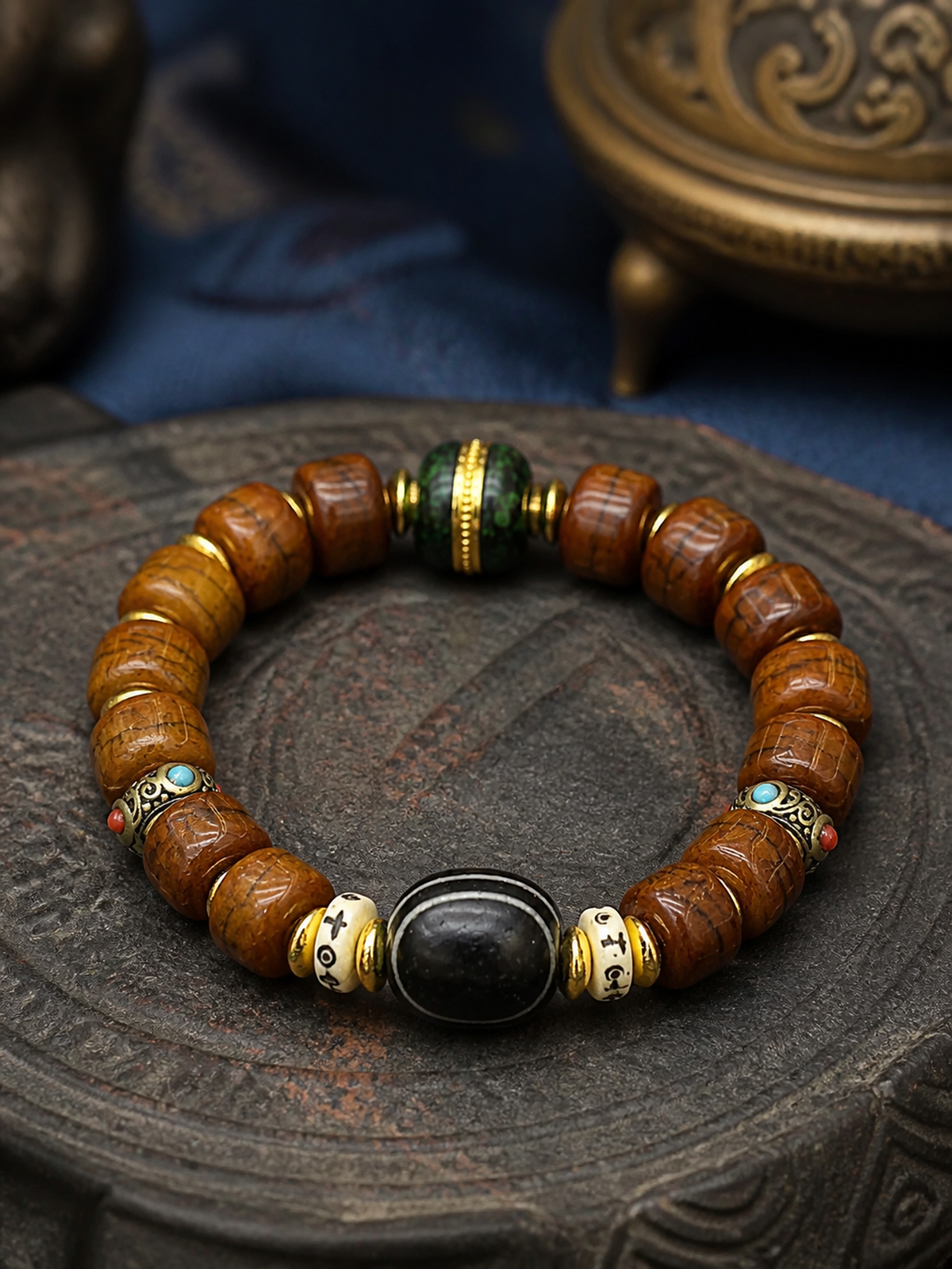 Tibetan Yak Bone Mala Bracelet — detail view