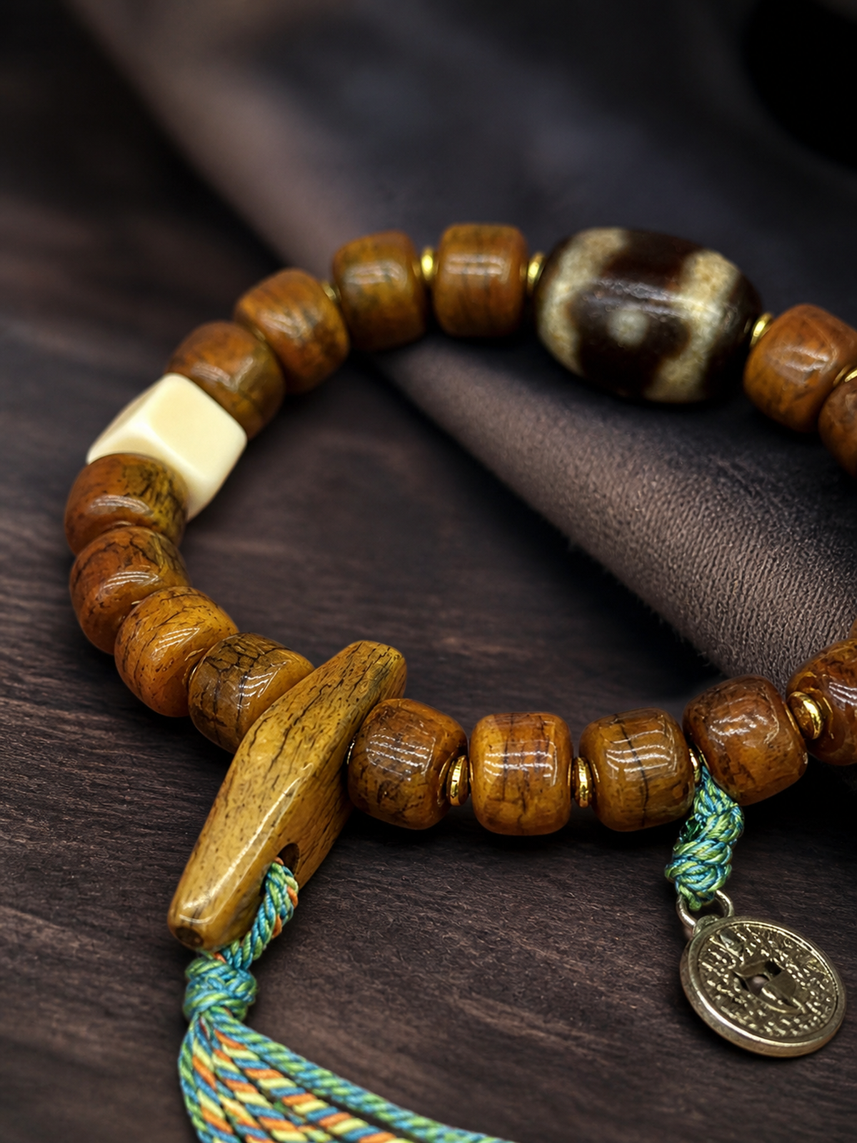 Tibetan Yak Bone Mala Bracelet with Tassel — detail view