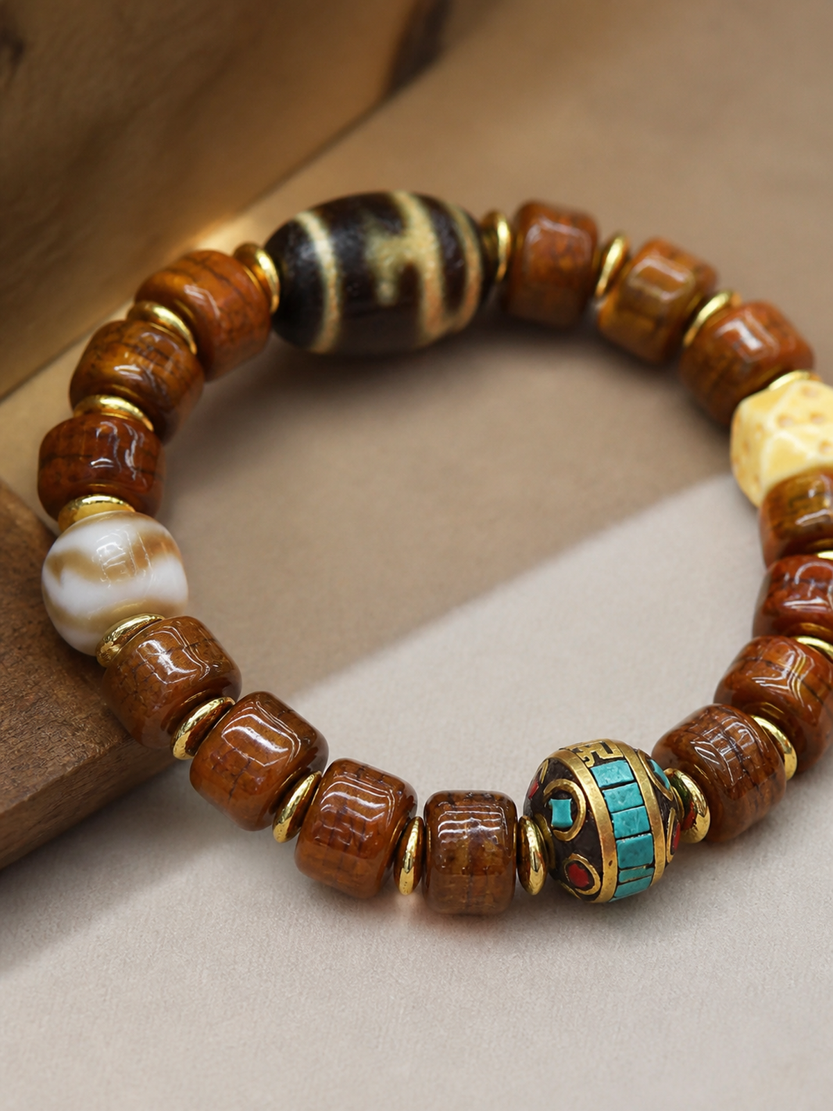 Tibetan Yak Bone Mala Bracelet with Dzi-Style Bead — detail view