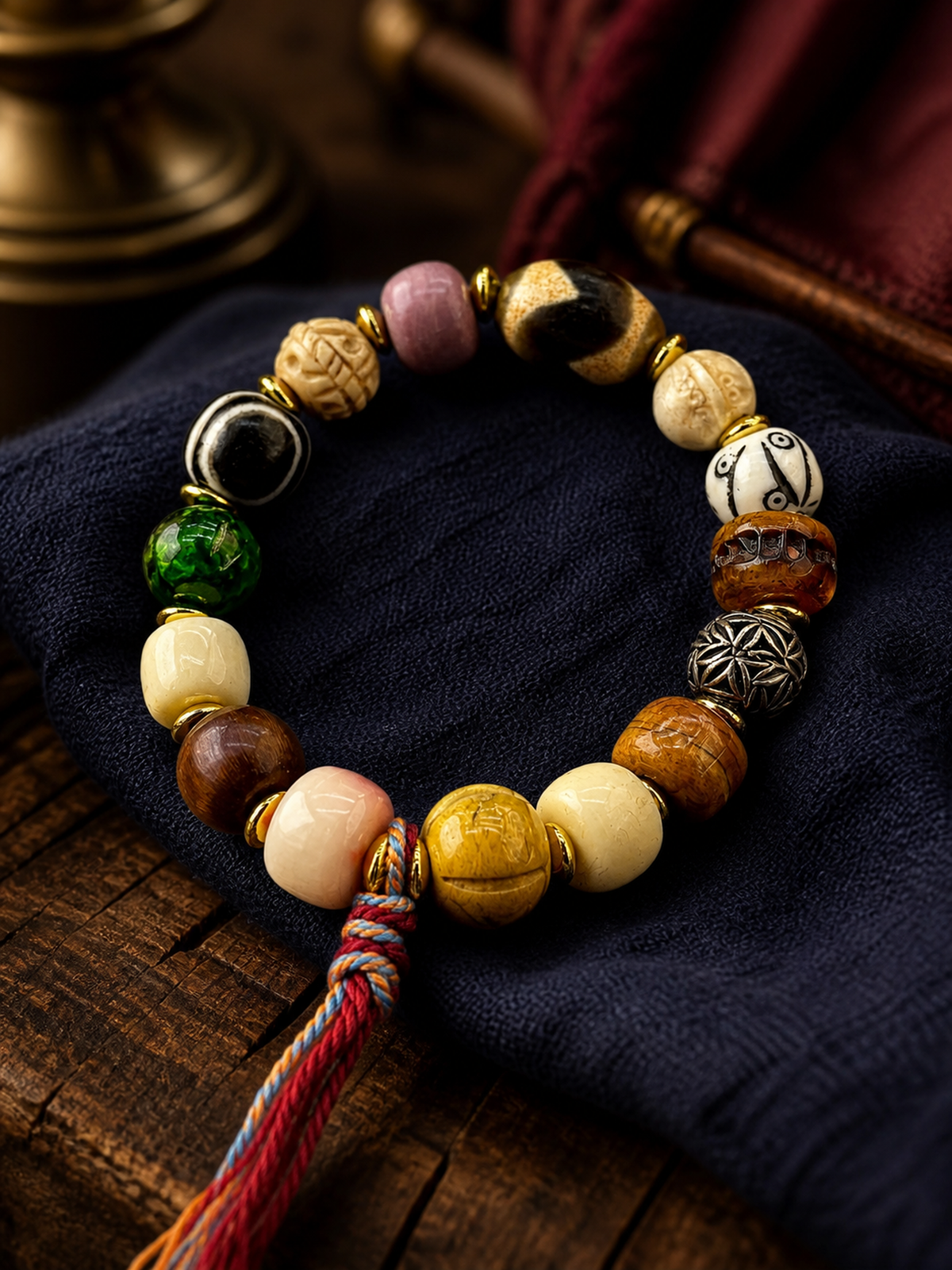 Tibetan Yak Bone Multigem Mala Bracelet with Tassel — detail view