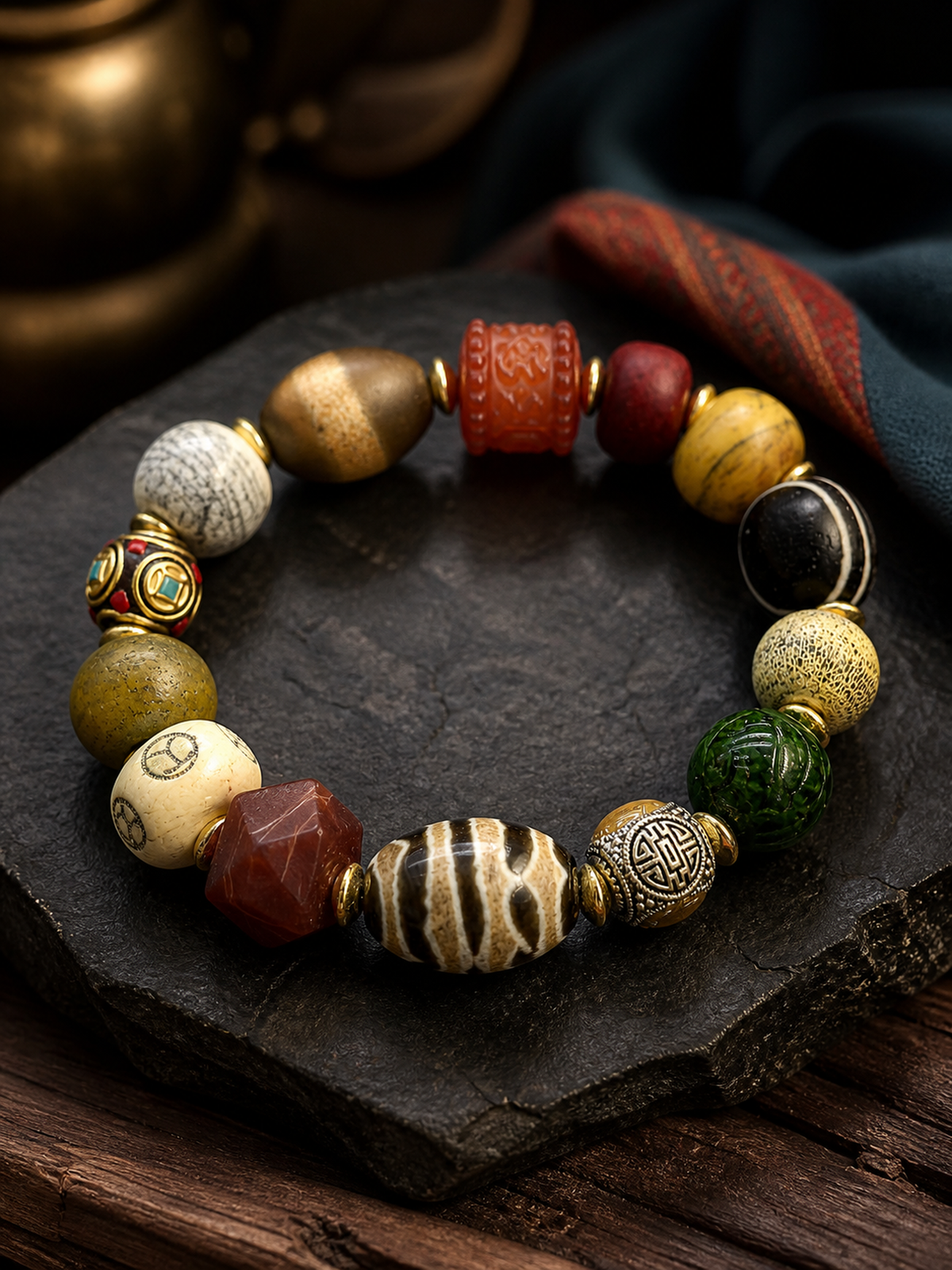 Tibetan Yak Bone Multigem Mala Bracelet with Six-Syllable Motif — detail view