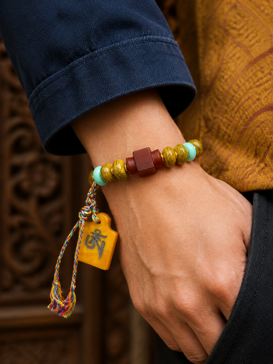 Tibetan Yak Bone Abacus-Bead Mala Bracelet — worn on wrist