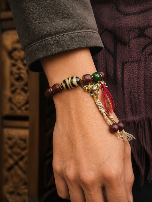 Tibetan Yak Bone Mala Bracelet — Heritage Style II — worn on wrist