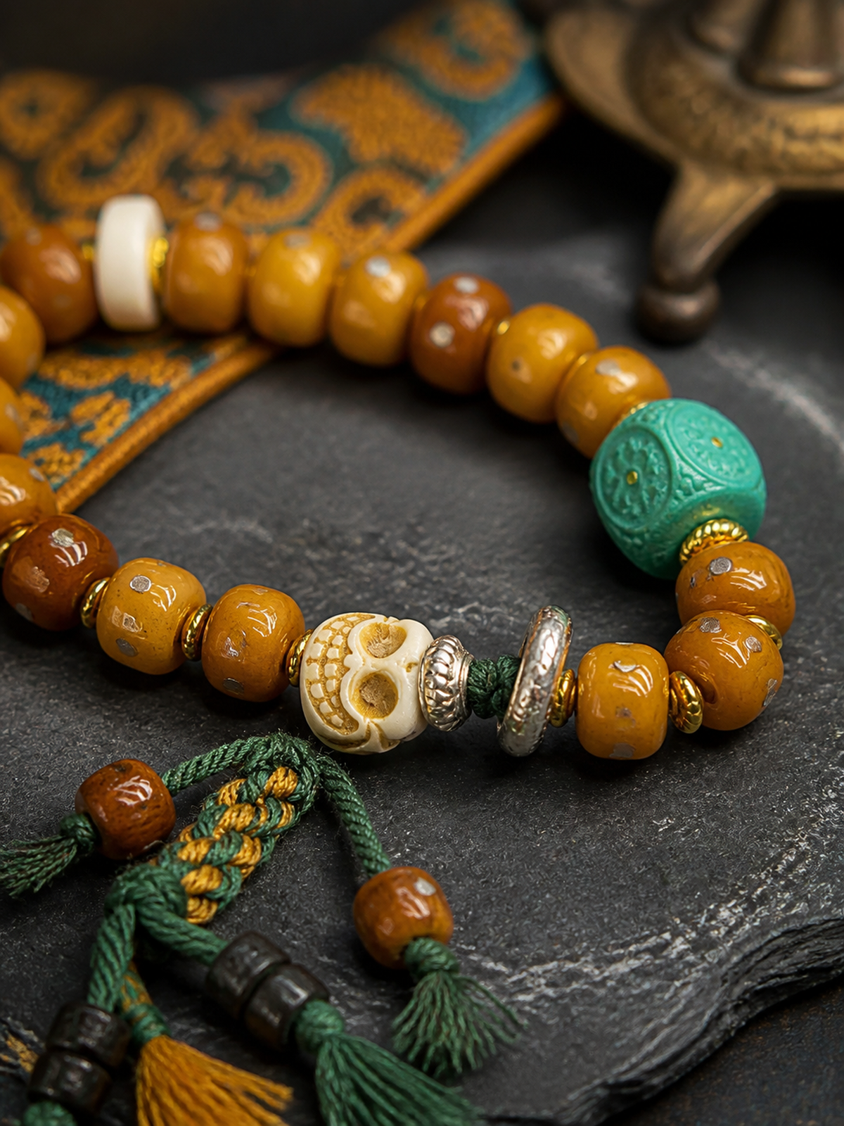 Tibetan Bone Mala Bracelet with Character Bead — detail view