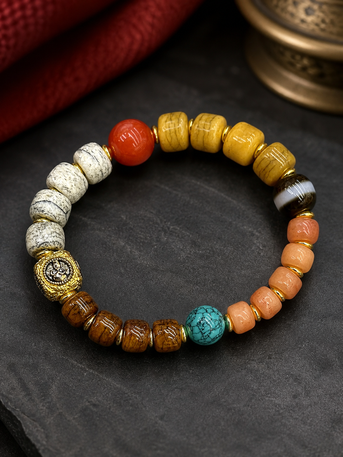 Tibetan Four-Tone Bone Mala Bracelet — detail view
