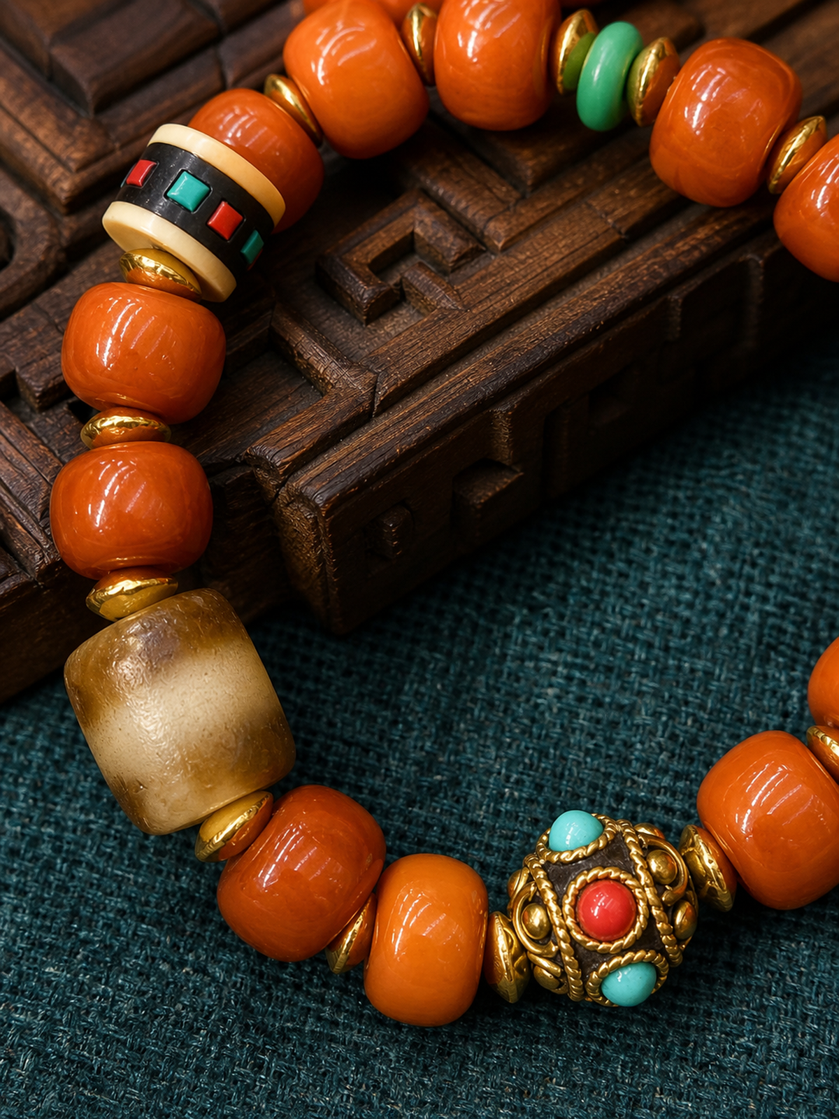 Tibetan Caramel-Toned Bone Mala Bracelet with Nepalese-Style Bead — detail view