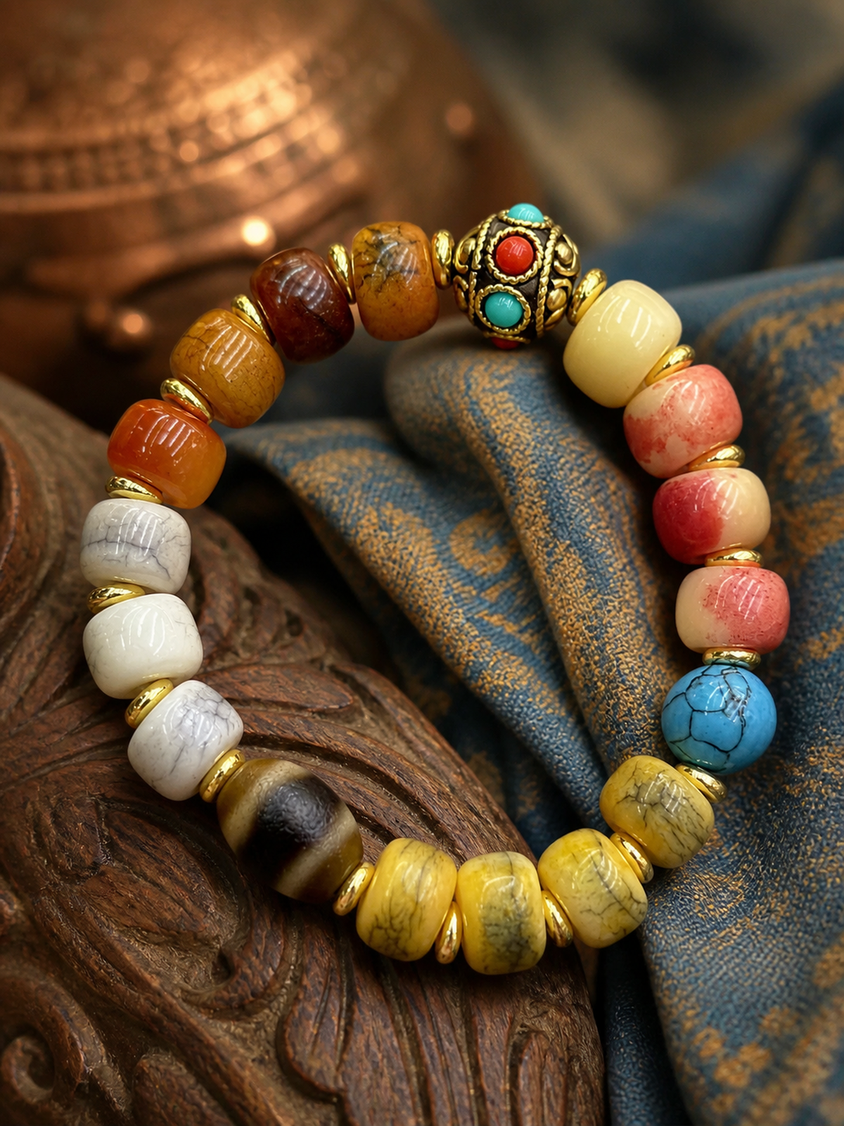 Tibetan Large Four-Tone Bone Mala Bracelet — detail view