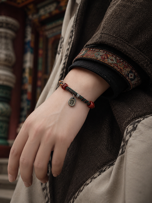 Zaki Lhamo-inspired prosperity woven bracelet worn on wrist