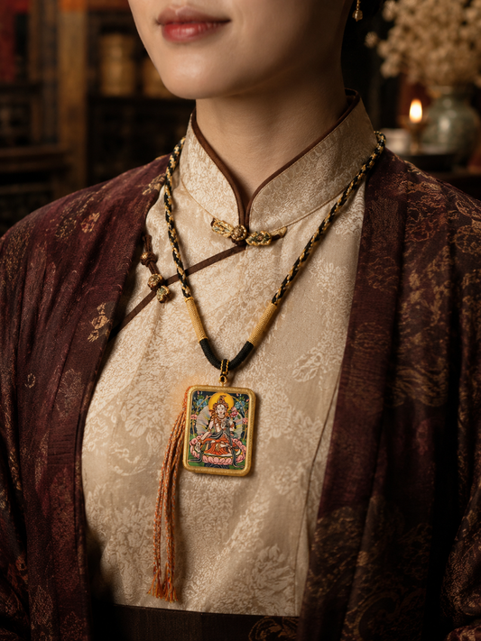 White Tara thangka pendant worn over cream clothing on a decorative cord