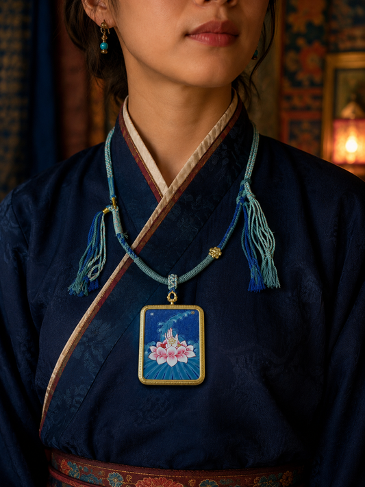 Lotus thangka pendant worn over dark blue clothing with its matching blue cord