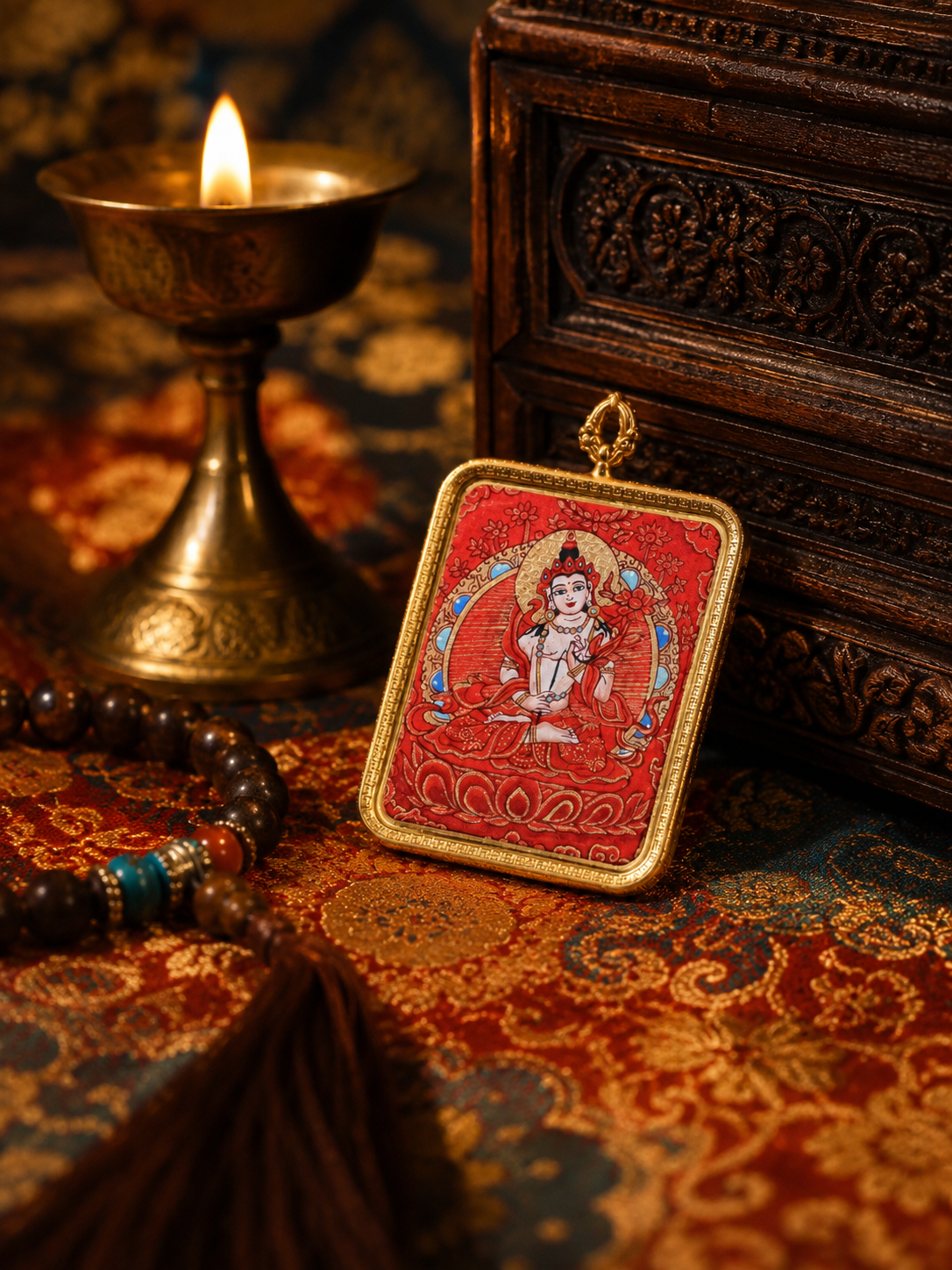 Angled view of the red Mahasthamaprapta pendant against a carved wooden box
