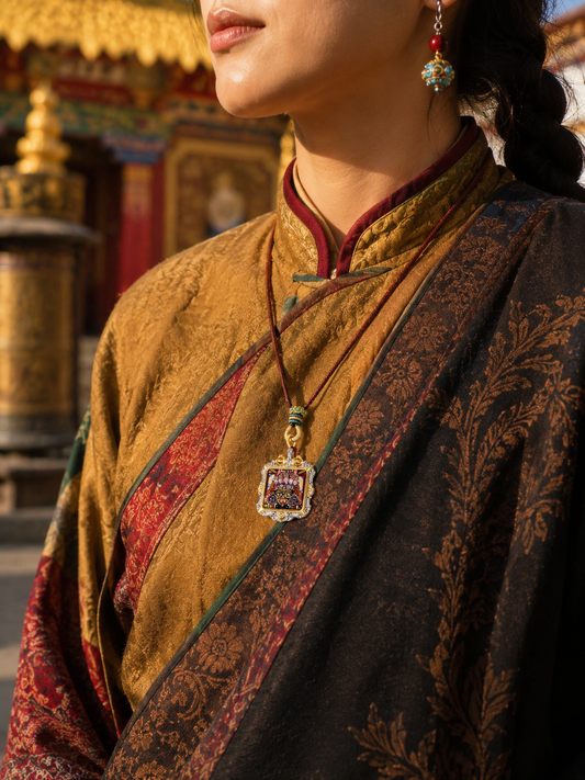Square Zaki Lhamo ghau pendant worn over ochre and burgundy clothing