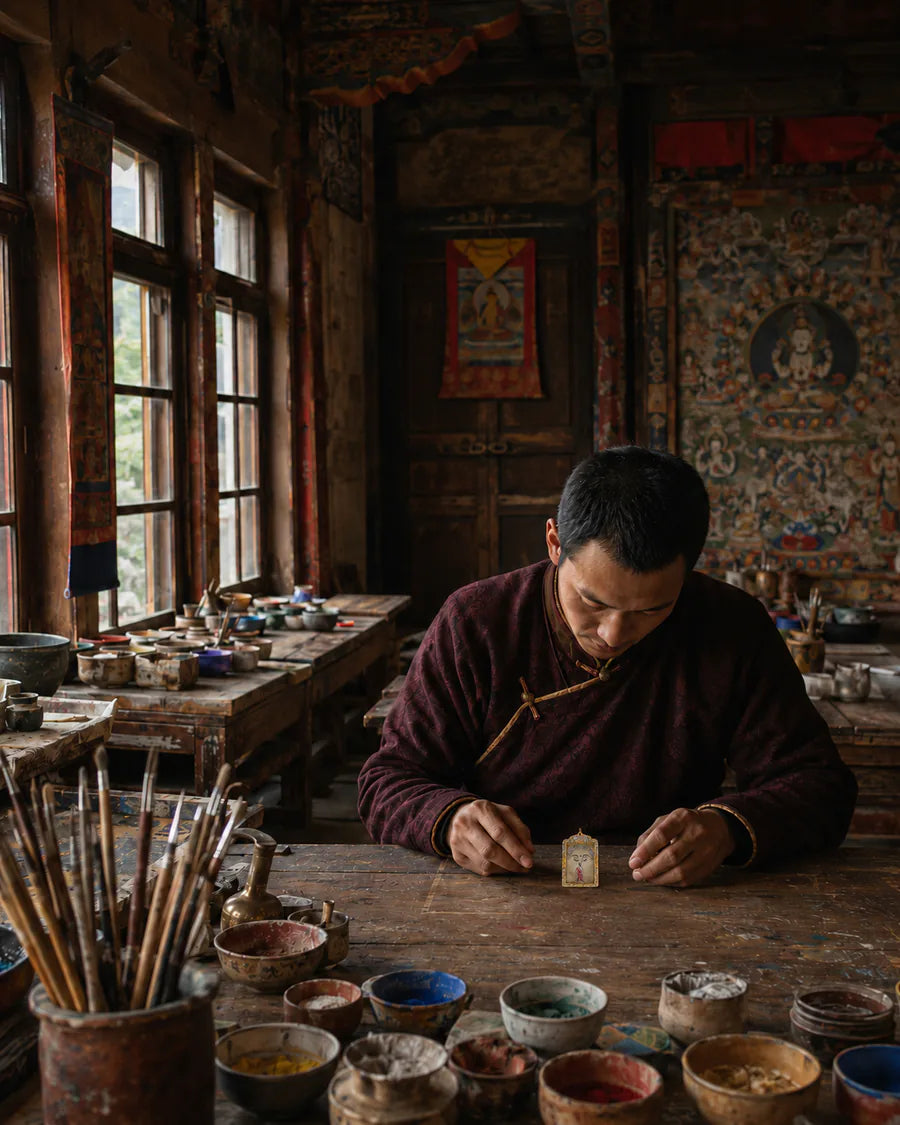 Thangka artisan working with traditional pigments and tools