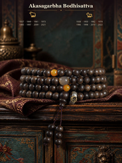 6 mm agarwood mala bracelet — Akasagarbha Bodhisattva — Ox and Tiger