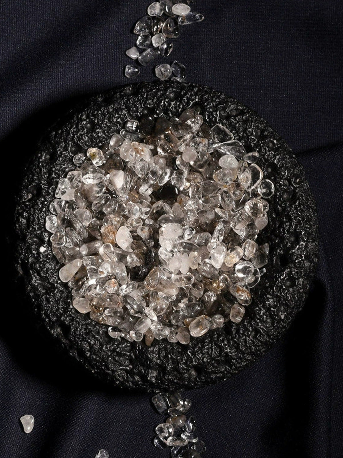 Black crystal cleansing bowl with clear crystal chips