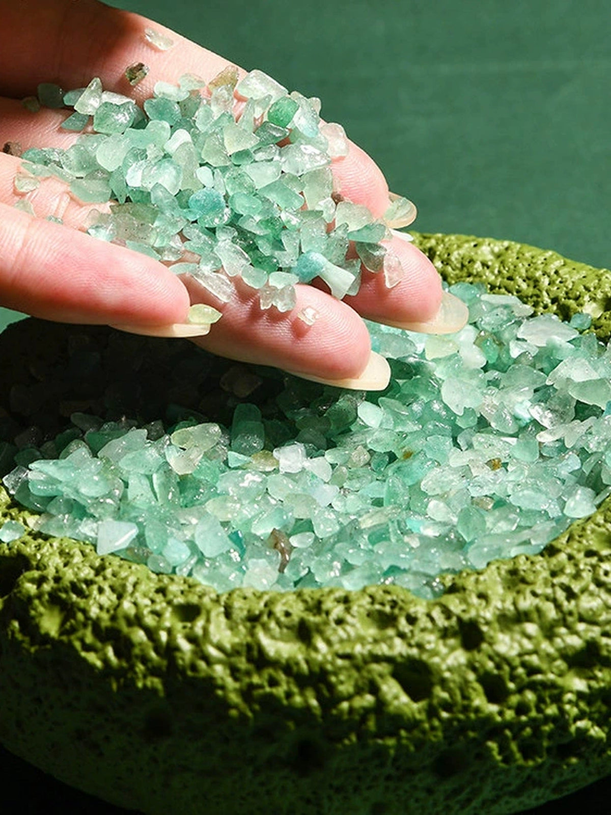 Green crystal cleansing bowl with green crystal chips