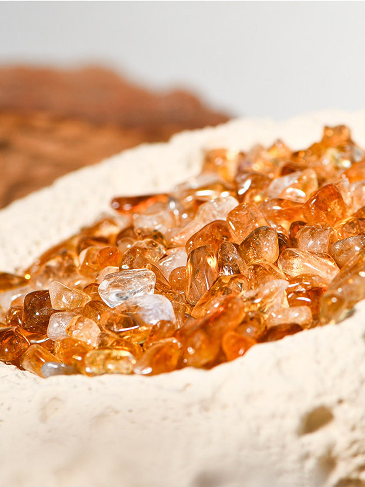Beige cleansing bowl close-up with crystal chips
