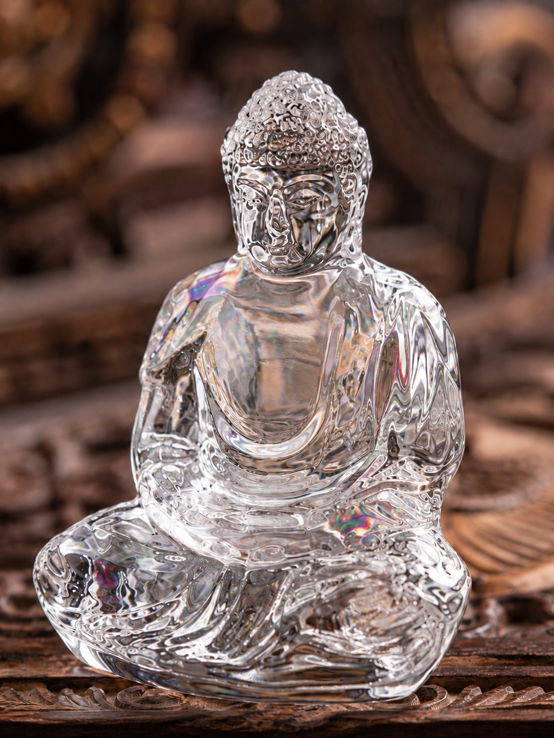 Close view of the clear crystal Tathagata statue's face, folded robes, and seated posture