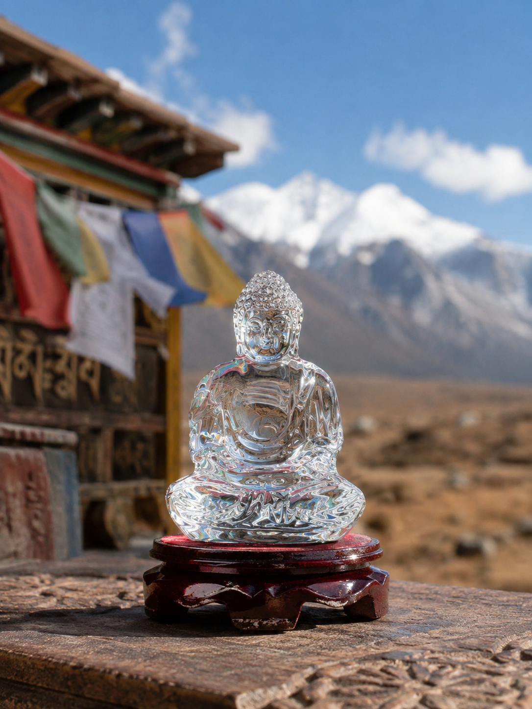 Clear crystal Buddha statue in a mountain setting