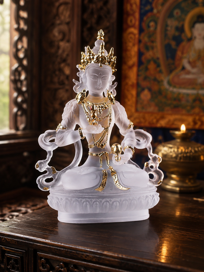 Gilded Vajrasattva statue on a carved table