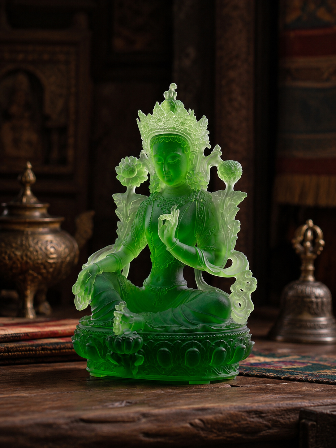 Green liuli glass Tara statue on a carved table