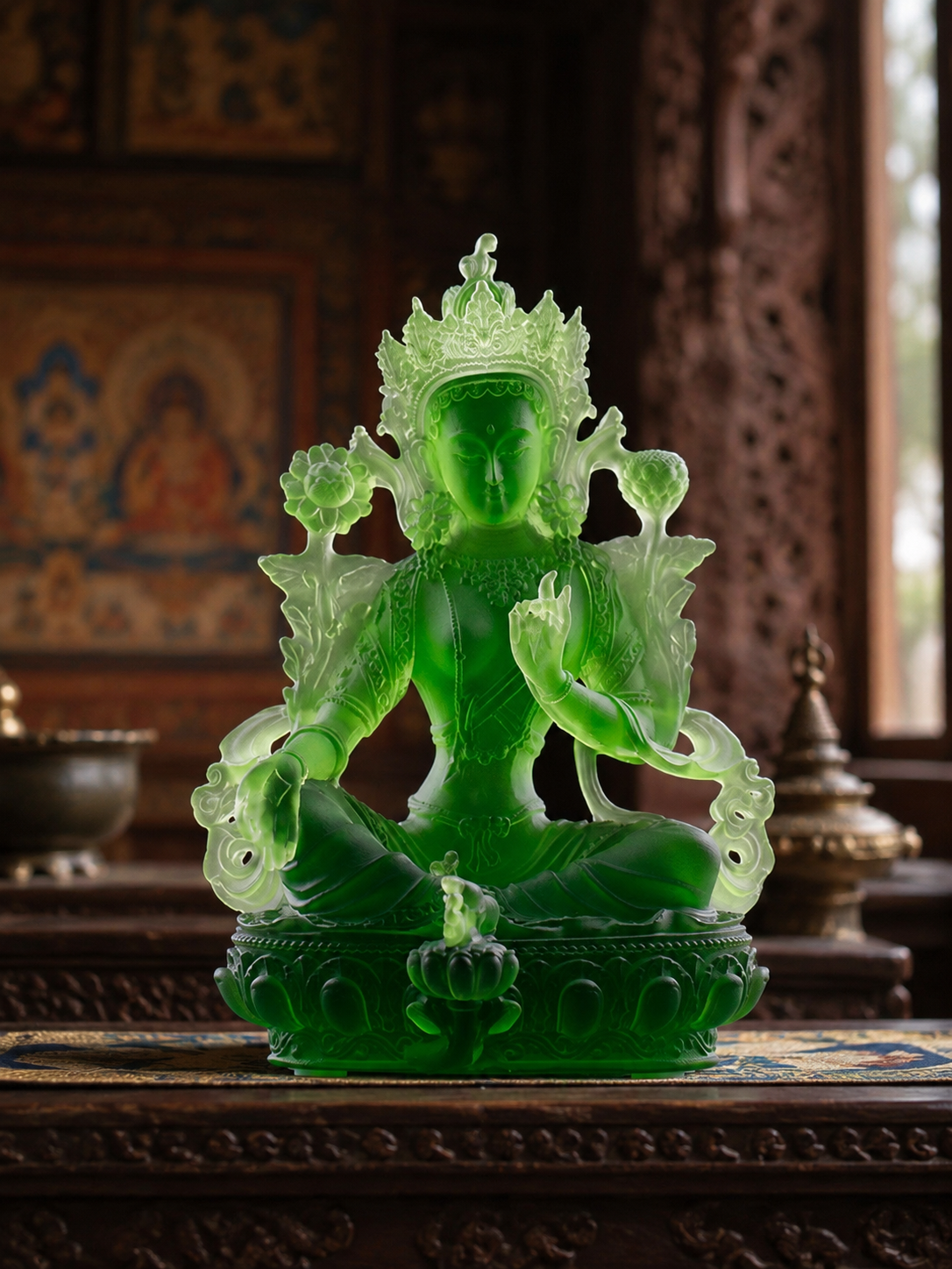 Front view of handcrafted Green Tara statue