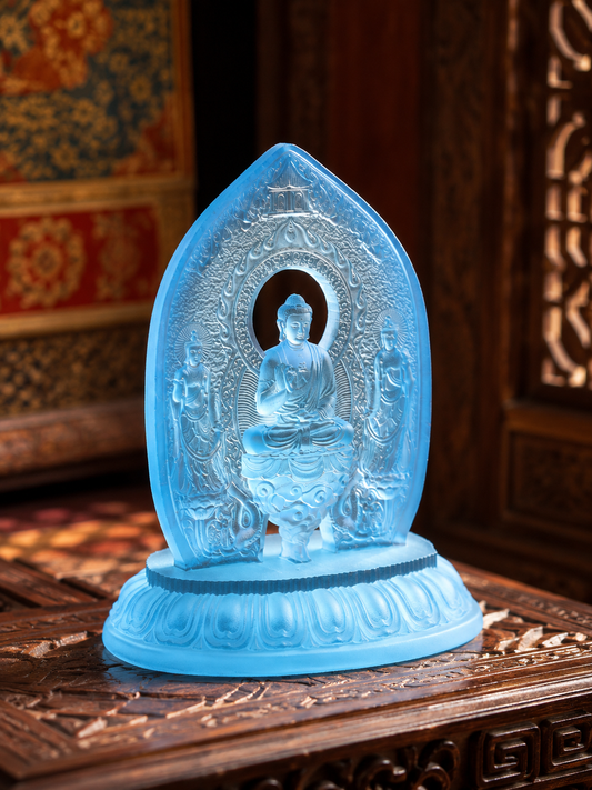 Plain blue liuli glass Medicine Buddha triad statue