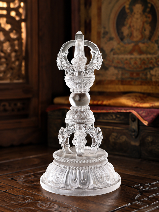 White liuli glass vajra with lotus pedestal