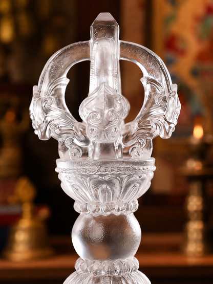 Close view of liuli glass vajra prongs and carved details
