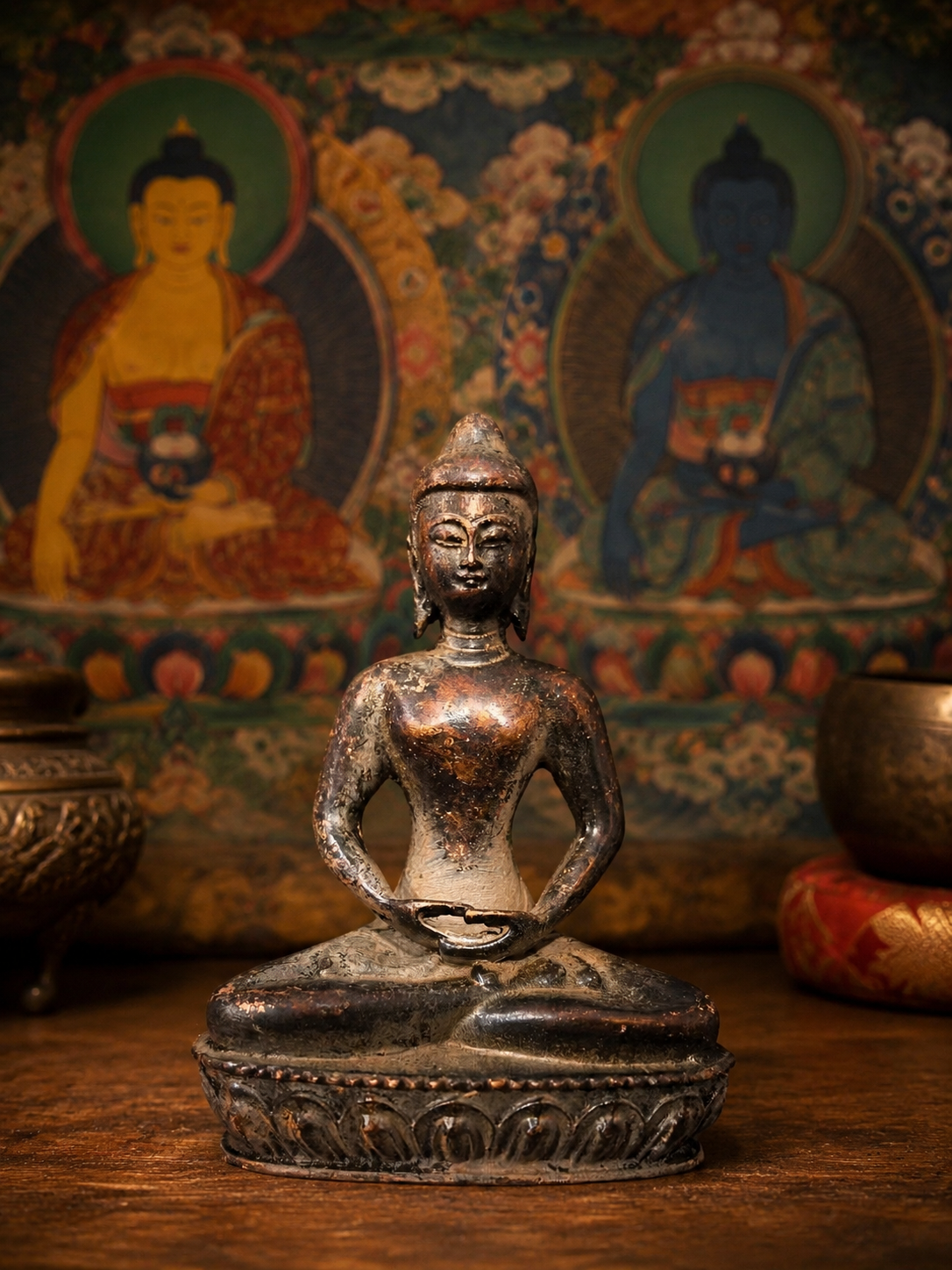 Brass seated Buddha statue before traditional paintings