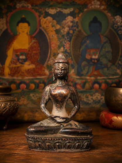 Brass seated Buddha statue before traditional paintings