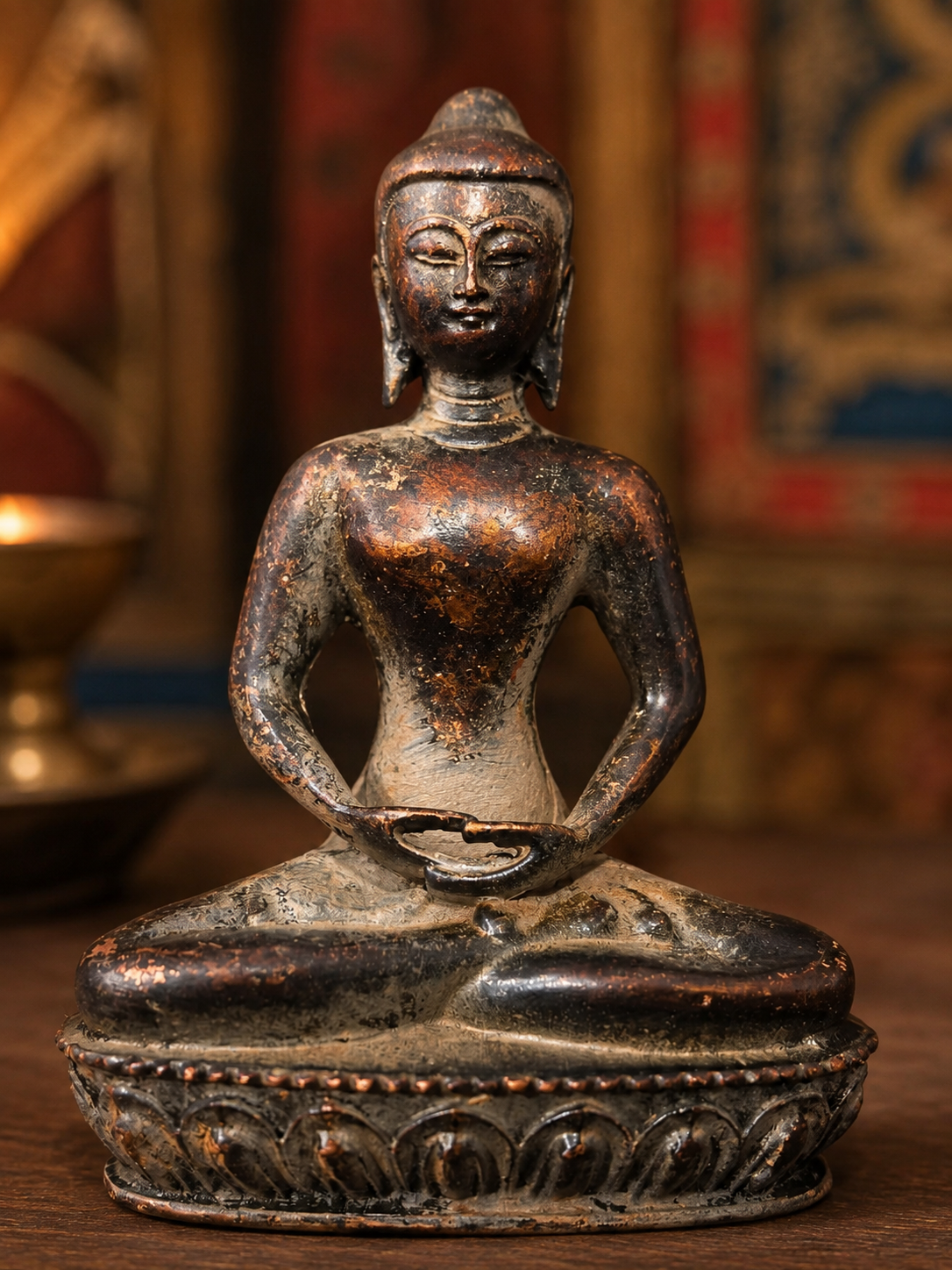 Close front view of brass seated Buddha statue