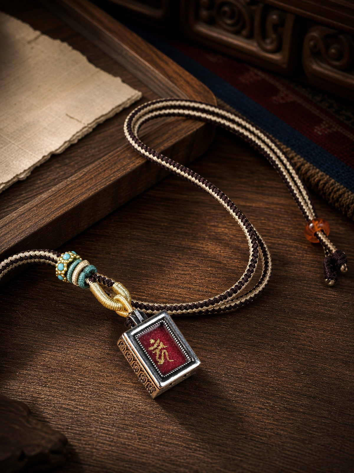 Acala design mini thangka pendant: painted symbol on red, with a brown-and-cream braided cord