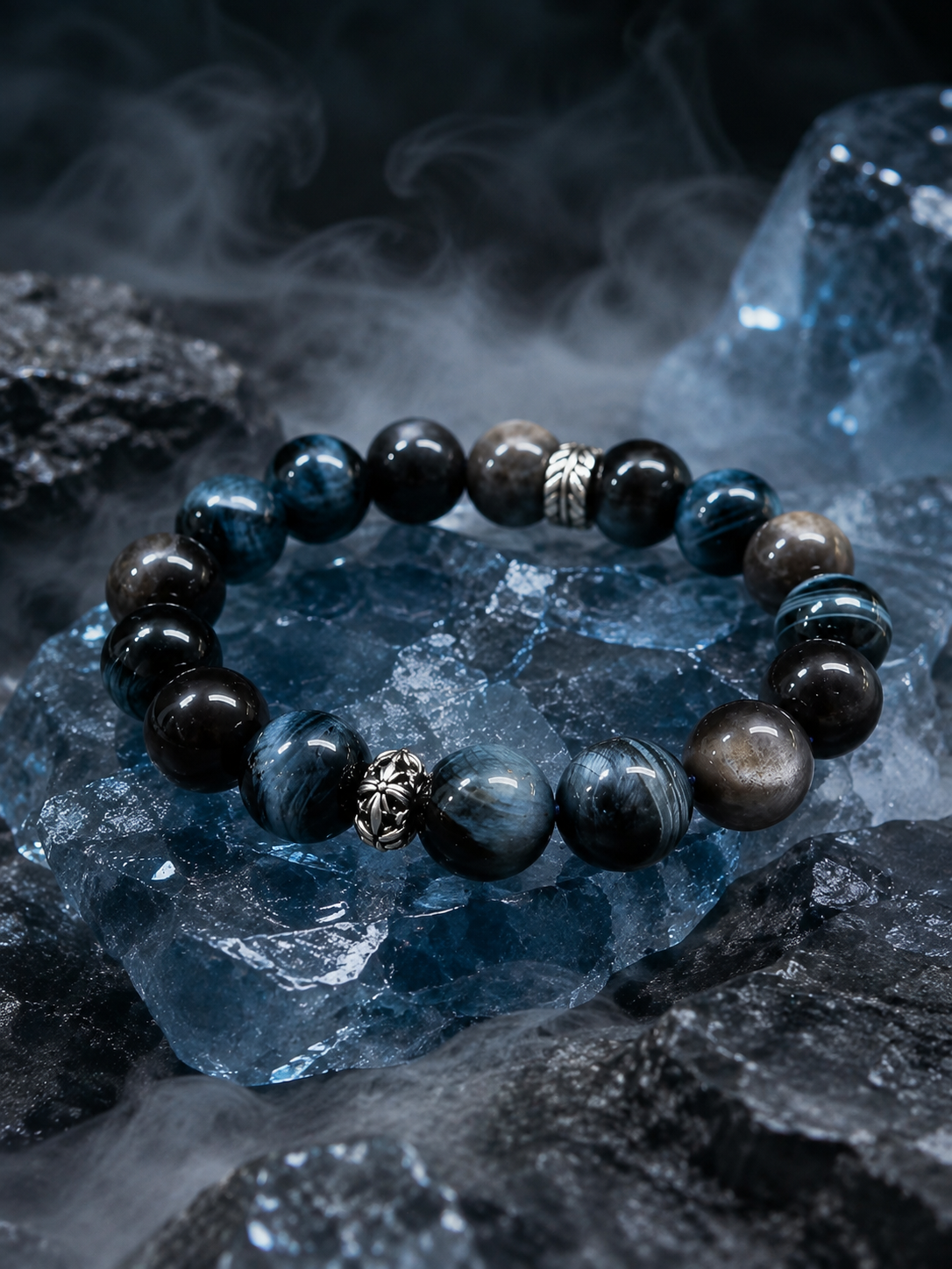 Tibetan five-element obsidian and blue tiger’s eye bracelet