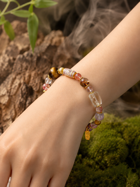 Natural multi-crystal bracelet worn on the wrist