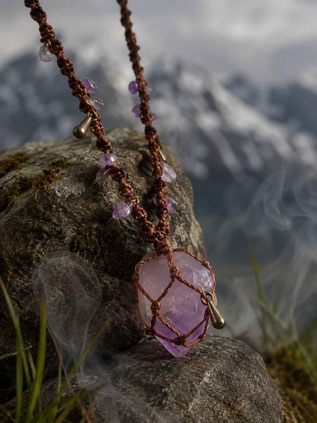 Close detail of amethyst stone and woven cord