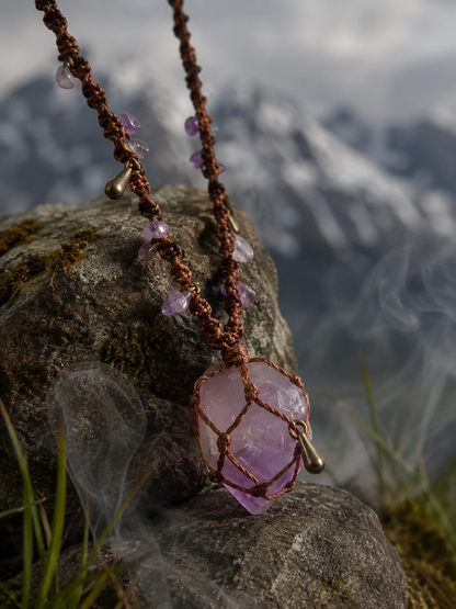 Close detail of amethyst stone and woven cord